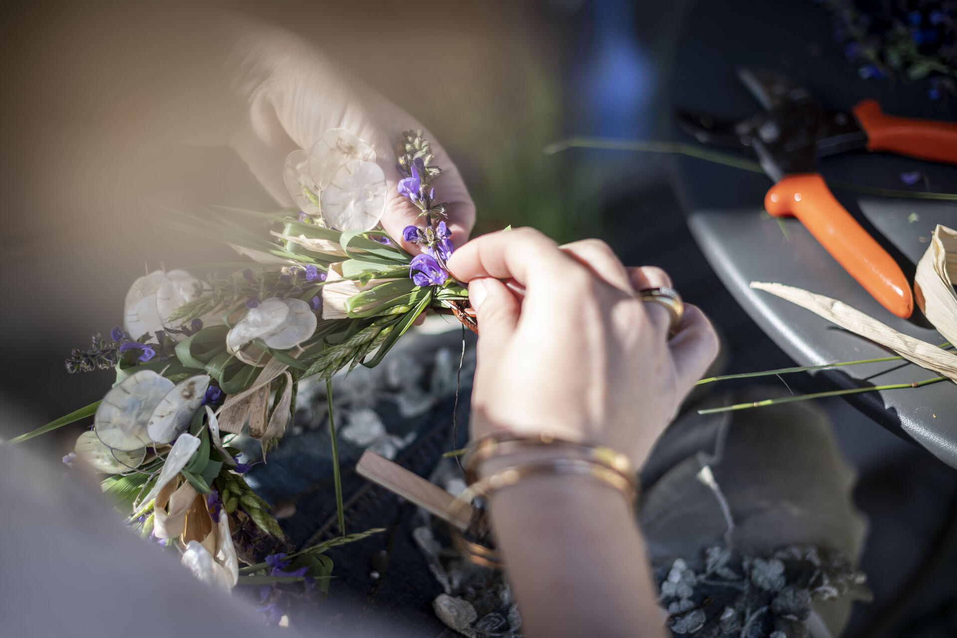 Detail view of making a flower arrangement